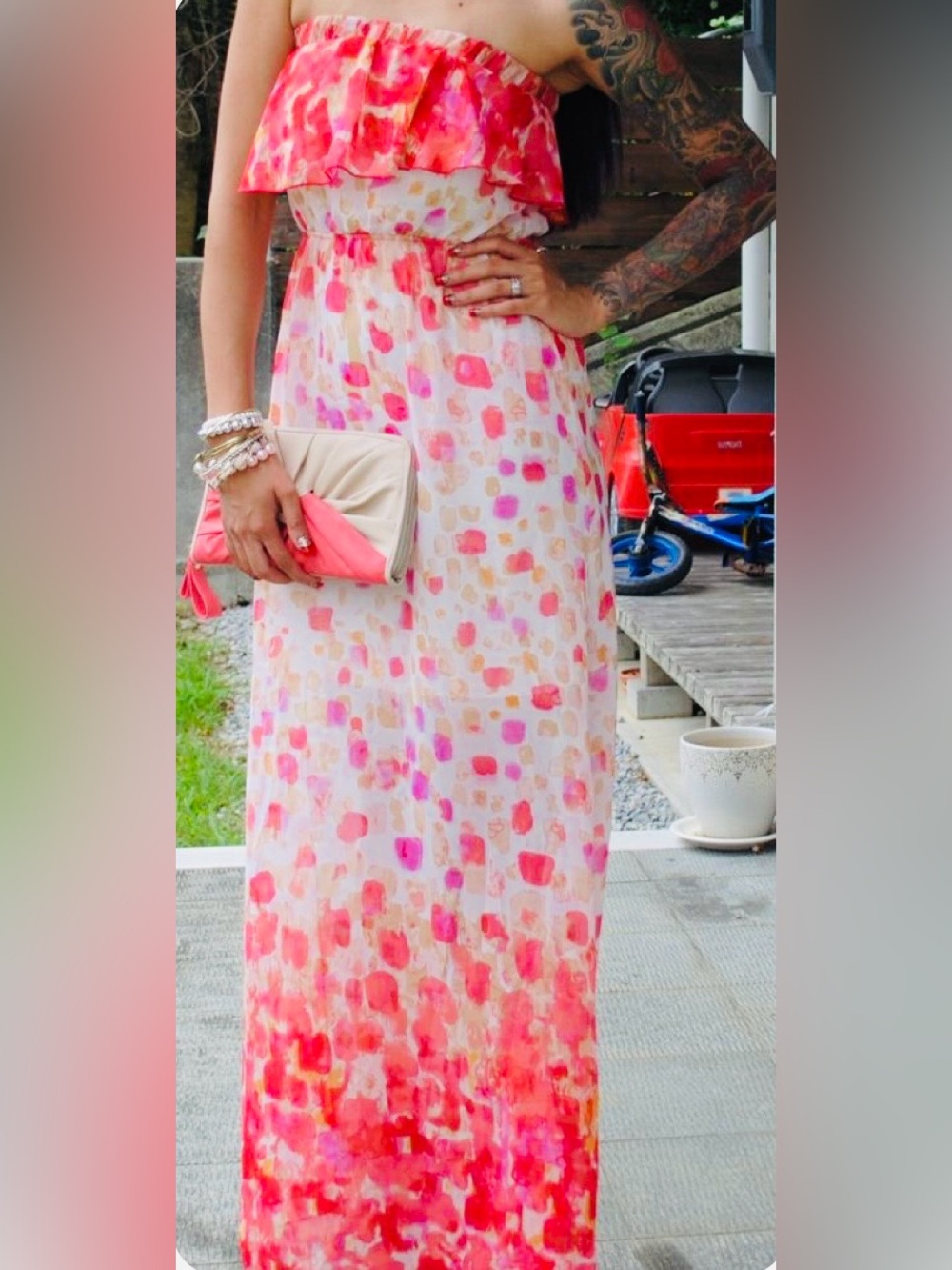 Strapless Coral Watercolor Maxi Dress